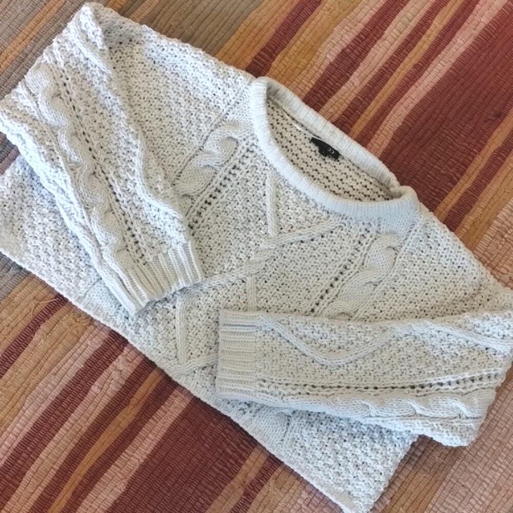 Papermoon NNT Cora Cropped Cable Thick Loose Knit Ivory Crewneck Sweater S - Picture 2 of 15